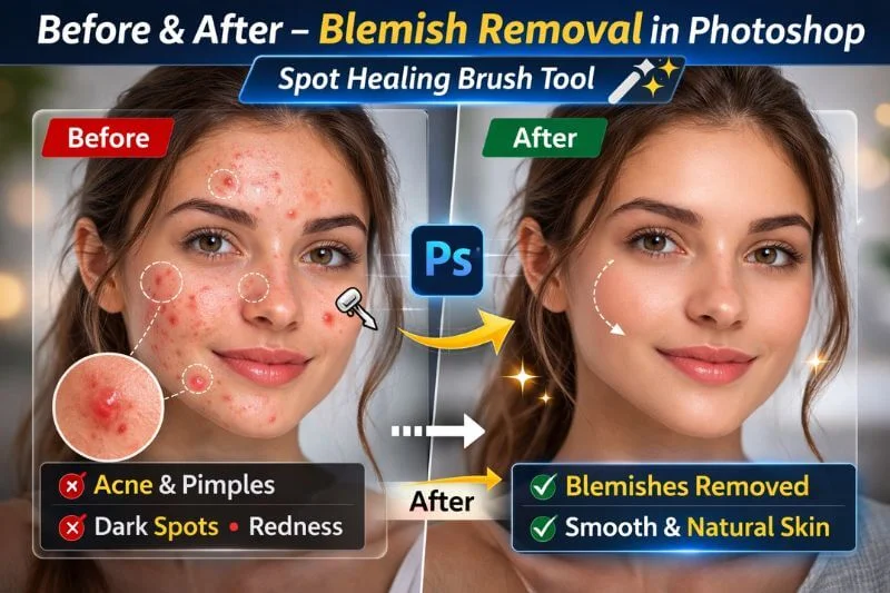 Before and after acne and blemish removal in Photoshop