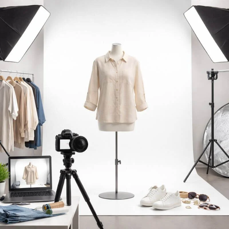 clothing product photography studio lighting setup with camera and softbox