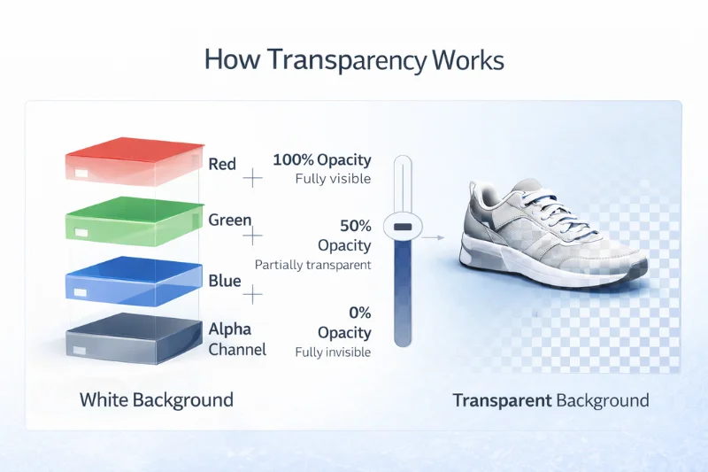 Diagram showing how the alpha channel controls transparency and opacity in an image