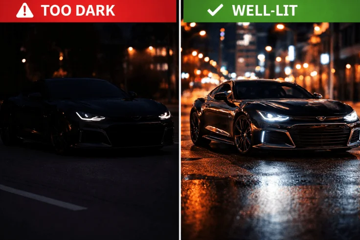 car night photography dark vs well lit comparison