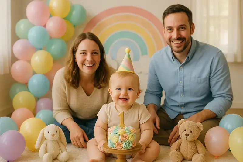 Cute baby celebrating first birthday with pastel balloons, rainbow backdrop, cake, and parents smiling in a cozy indoor photoshoot