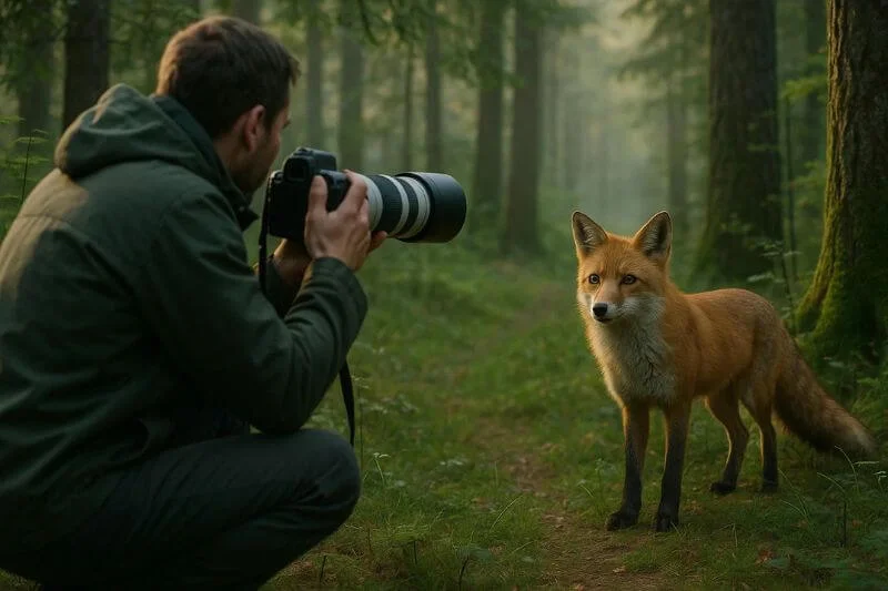 Wild fox observed from a safe distance by a photographer using telephoto lens, ethical wildlife photography