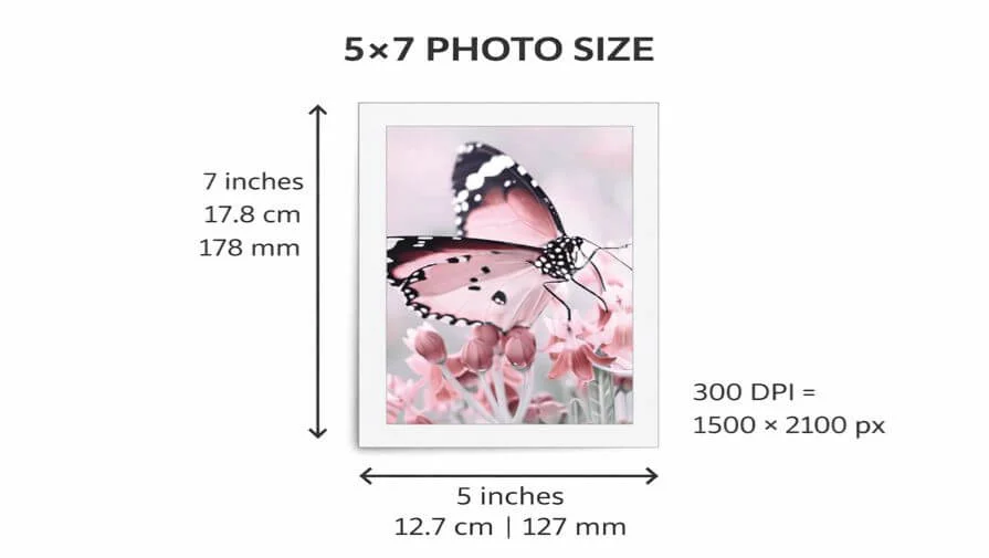 5x7 photo size dimensions in inches, centimeters, millimeters and pixels at 300 DPI