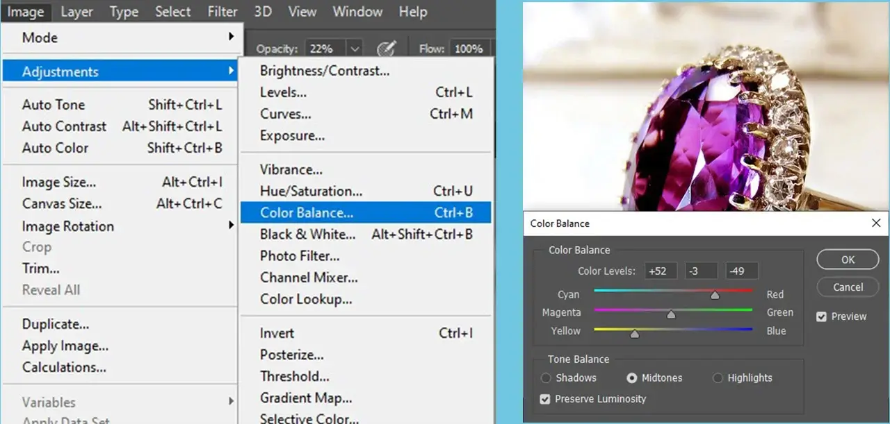 adjust the color balance of jewelry image