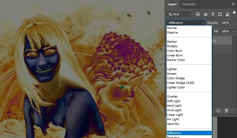change the blend mode from ‘normal’ to difference