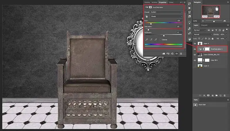 hue and saturation layer over the subject layer