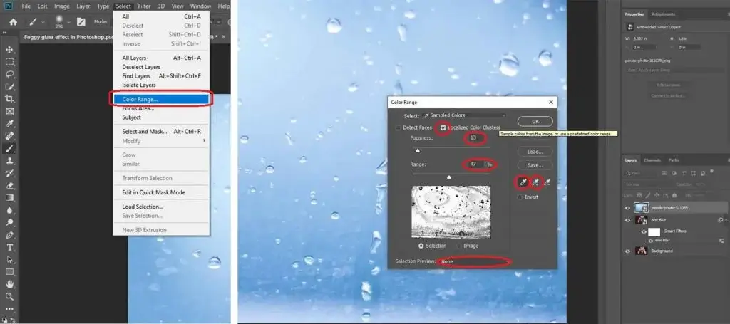 make a selection using the color range on the foggy glass layer