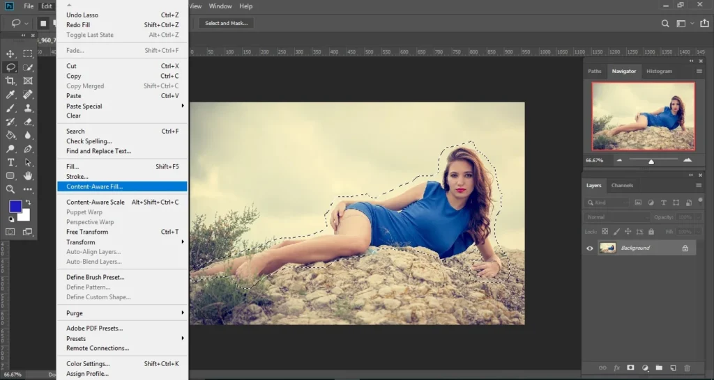 opening content aware fill from the edit menu in photoshop
