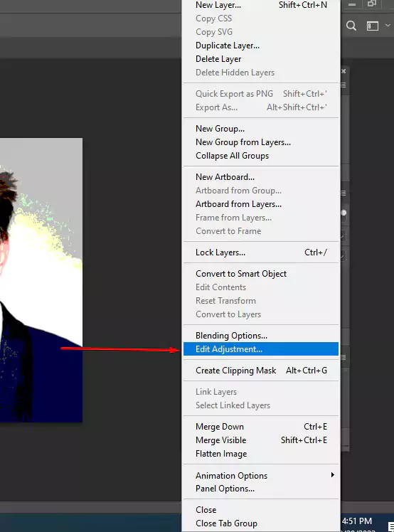 selecting edit adjustment in layer