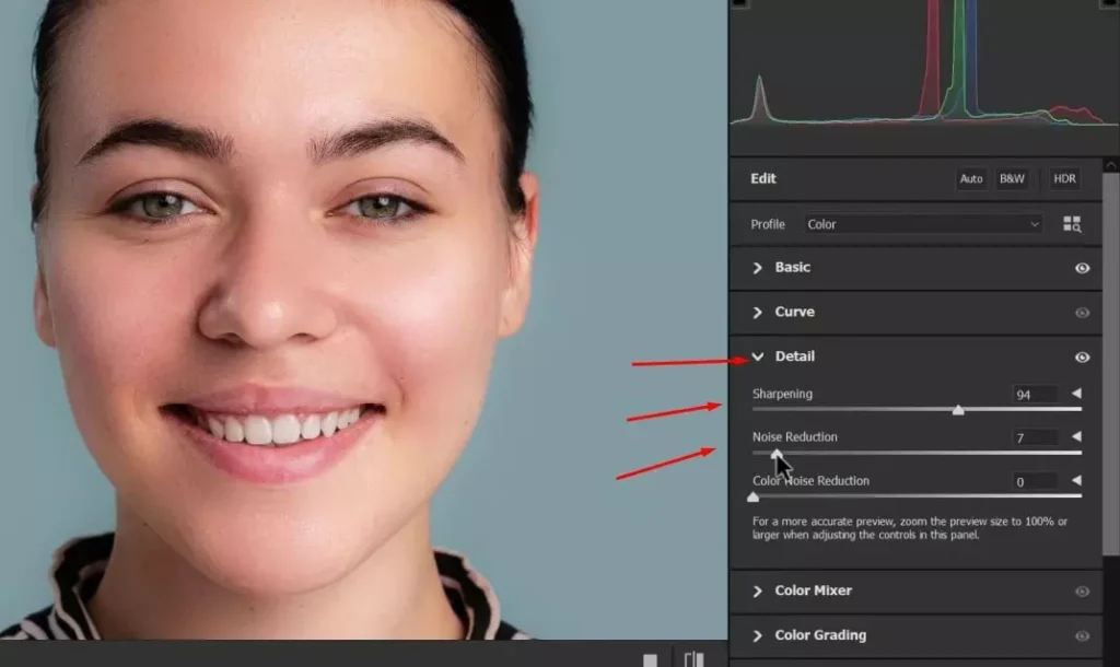 Changes in Detail Panel and Adjust the Value of Sharpening Noise