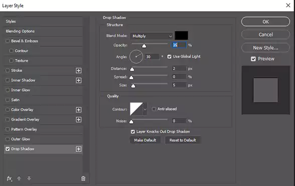 drop shadow in background layer action