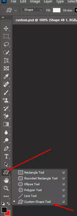 finding custom shape from the tool bar