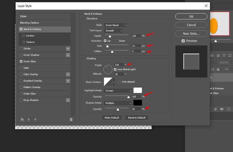 set the bevel and emboss effect