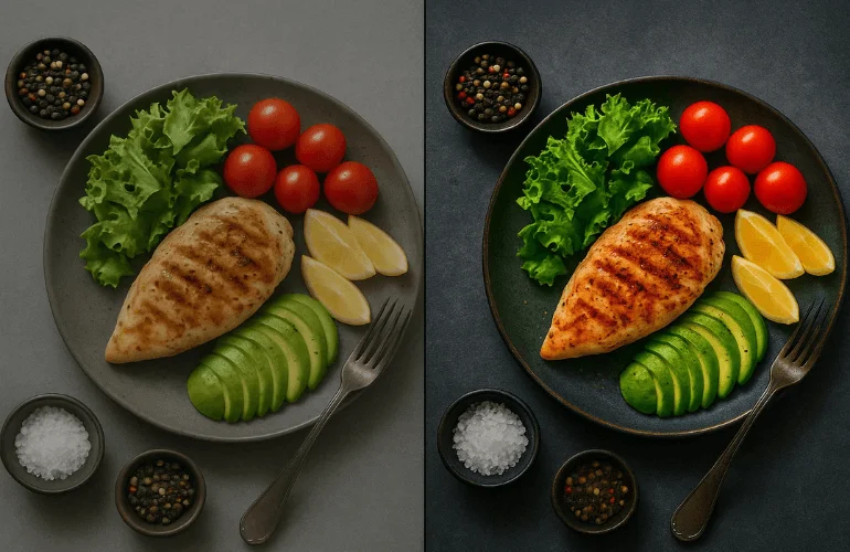 Food photo comparison: unedited vs. color-corrected, food photography tips