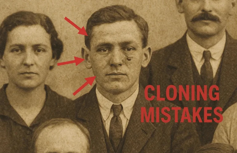 Photo showing cloning errors on facial features