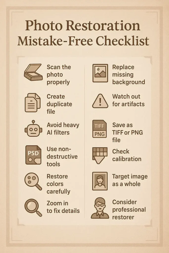 Checklist of 10 common photo restoration mistakes and how to avoid them
