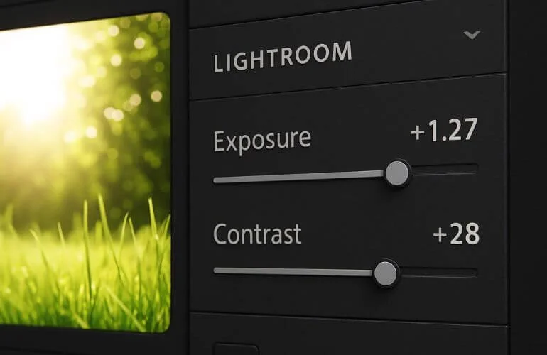 Exposure and contrast sliders being adjusted in Adobe Lightroom.
