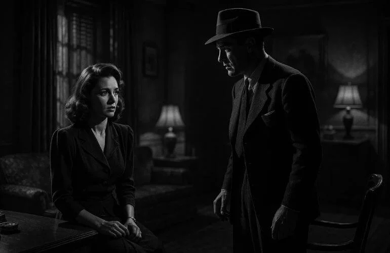 Classic black and white photography inspired by vintage movies with dramatic lighting