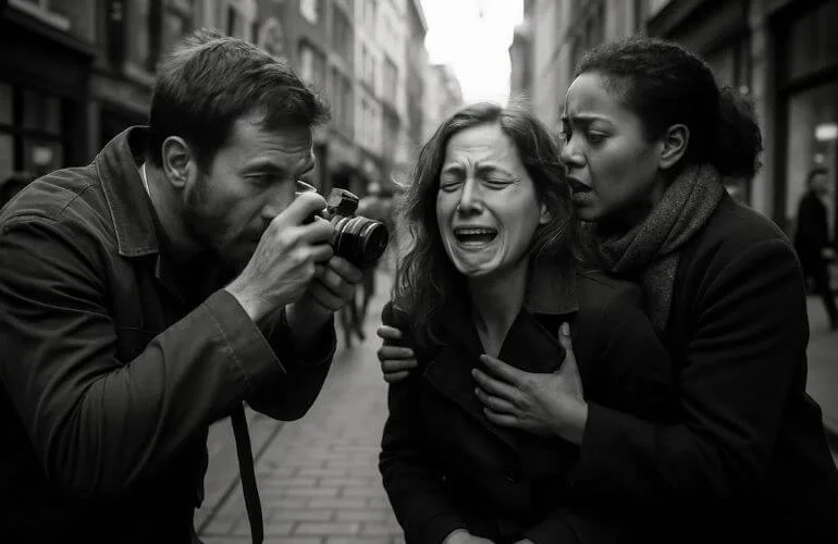 Candid street black and white photography showing human emotions