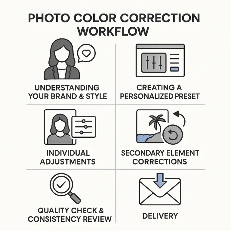 Infographic showing Clipping World’s six-step photo color correction process