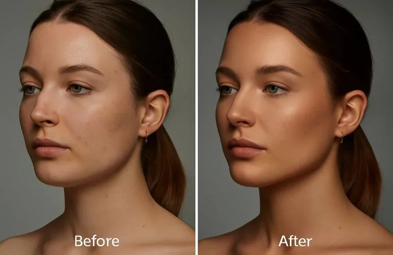 Before and after dodge and burn editing on portrait to enhance facial depth and contours