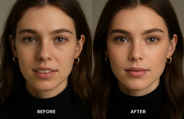 Before and after close-up portrait showing sharp eyes, brighter teeth, and refined hair strands