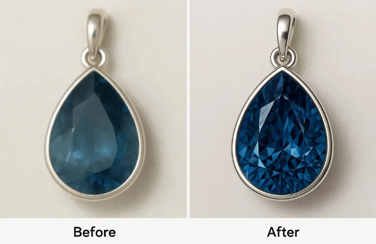 Before-and-after of gemstone jewelry showing sharper details, visible cuts, and realistic engraving enhancement.