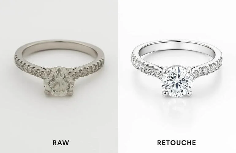 Side-by-side comparison of raw vs. retouched jewelry photo showing sparkle, shine, and detail enhancement.