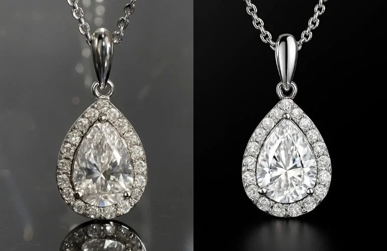 Before and after jewelry photo retouching showing corrected reflections, shine, and background