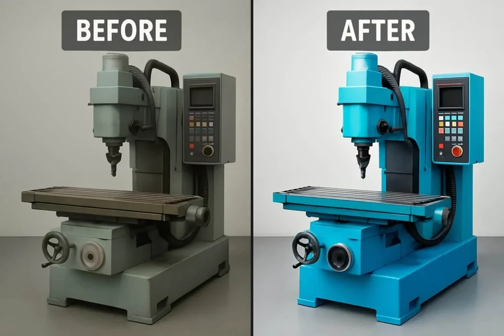 Color correction in machinery photo editing to enhance brightness, contrast, and vibrancy