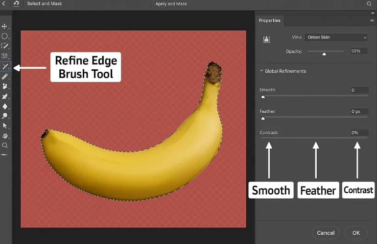 Photoshop Select and Mask workspace with banana selection refined using Smooth, Feather, and Contrast sliders.