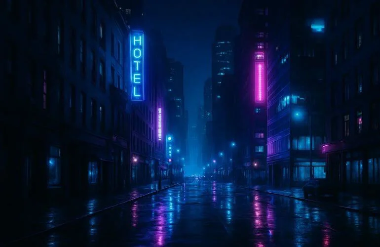Urban night scene using cool colors to convey mystery and calm, Color Psychology in Photography