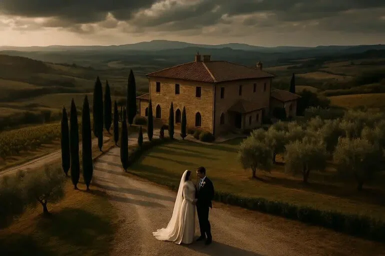 Drone aerial wedding photo showcasing the venue and landscape.