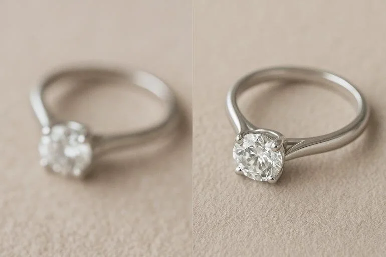 Jewelry photo comparison between blurry and sharp image