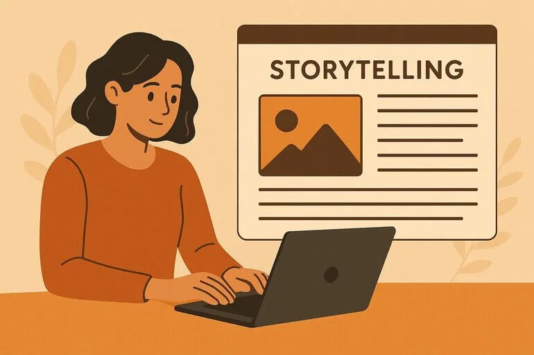 Blogger typing article with image and descriptive text displayed on laptop.