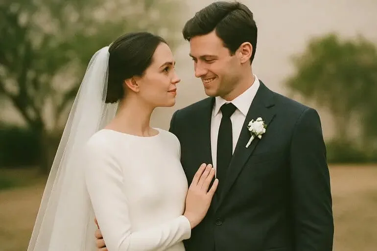 Wedding photo with film-inspired grain and creamy tones.