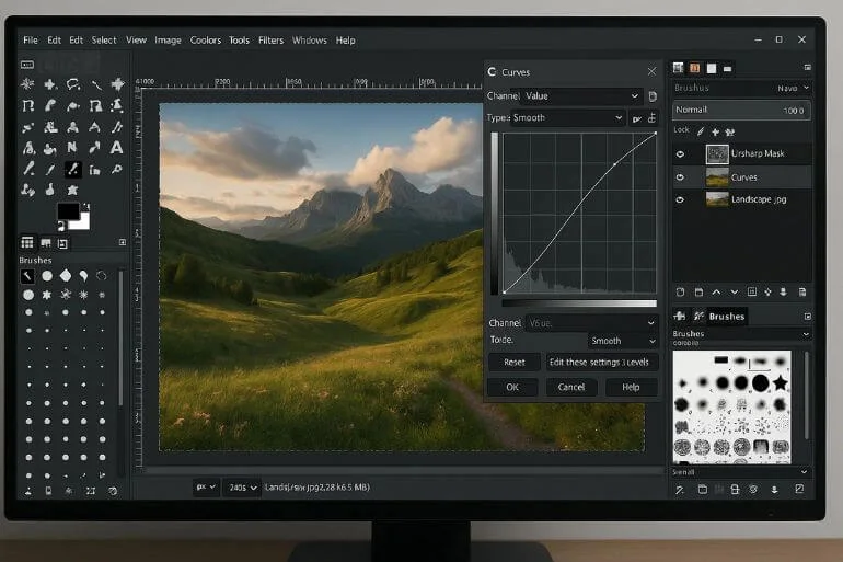 GIMP raster graphics software interface for photo editing and digital art