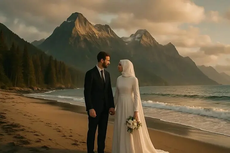 Wedding couple captured with scenic landscapes in focus.