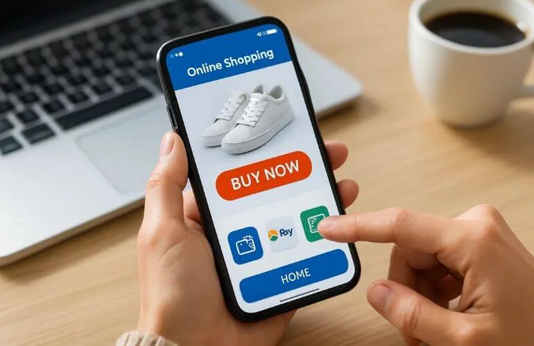 Person shopping online using a smartphone with digital wallet options
