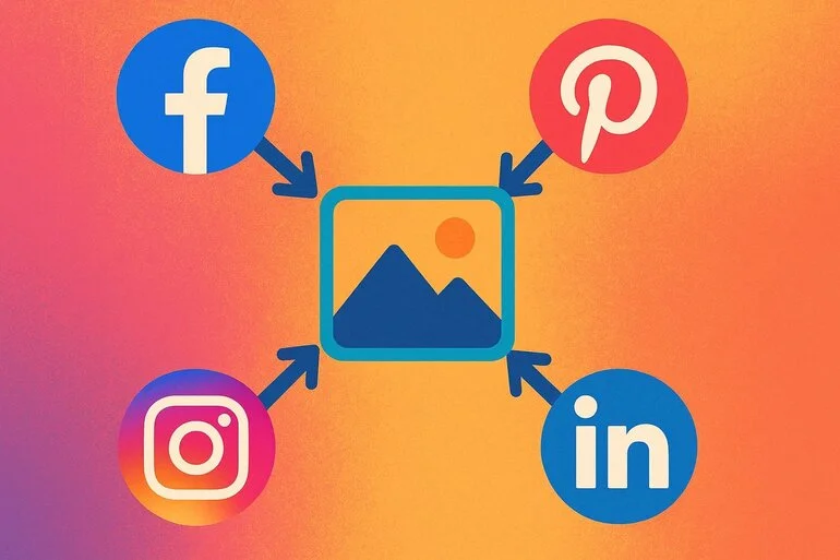 Central photo connected to icons of Facebook, Instagram, Pinterest, and LinkedIn.