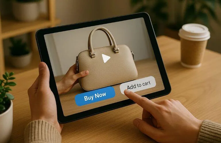 Shopper interacting with a shoppable product video on a tablet