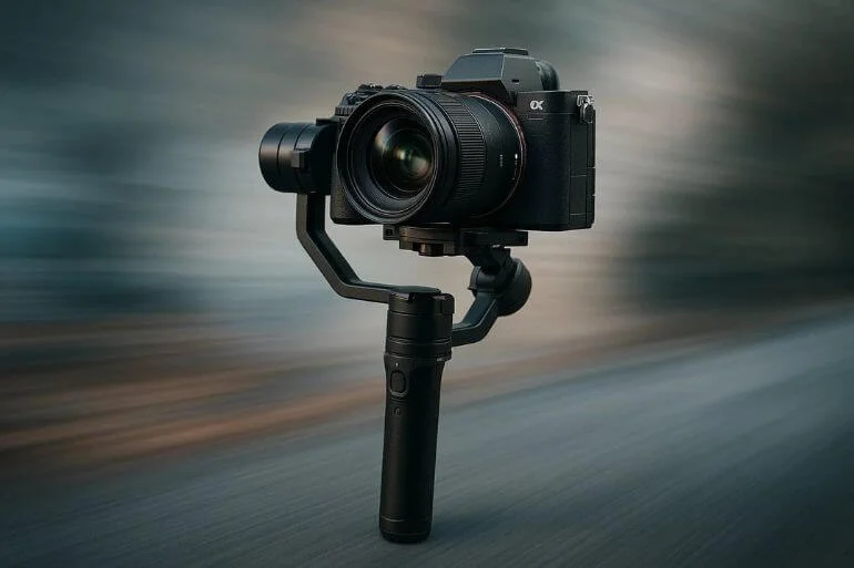 Mirrorless camera mounted on a 3-axis gimbal stabilizer for smooth cinematic video capture.