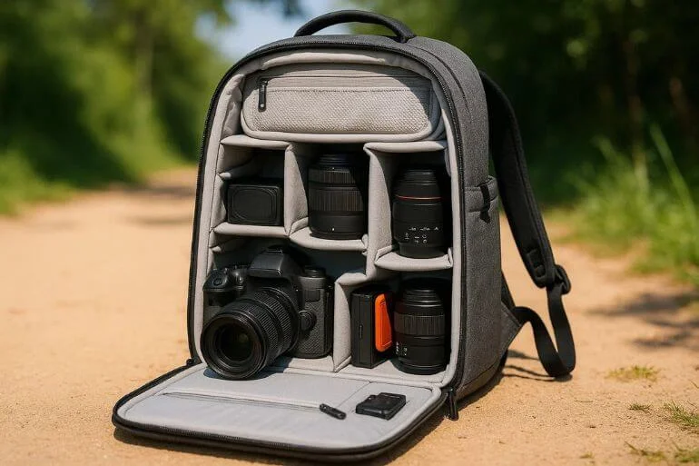 Padded camera backpack with DSLR and lenses organized inside for outdoor travel.