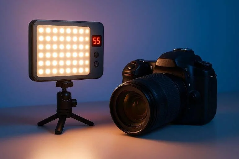 Portable LED light panel illuminating a DSLR setup for indoor photo and video shoots.