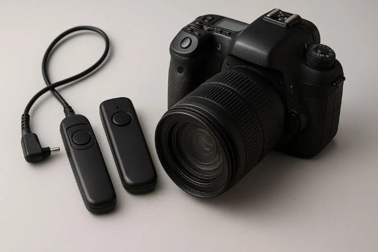 Wired and wireless remote shutter release beside DSLR for shake-free long exposure shots.