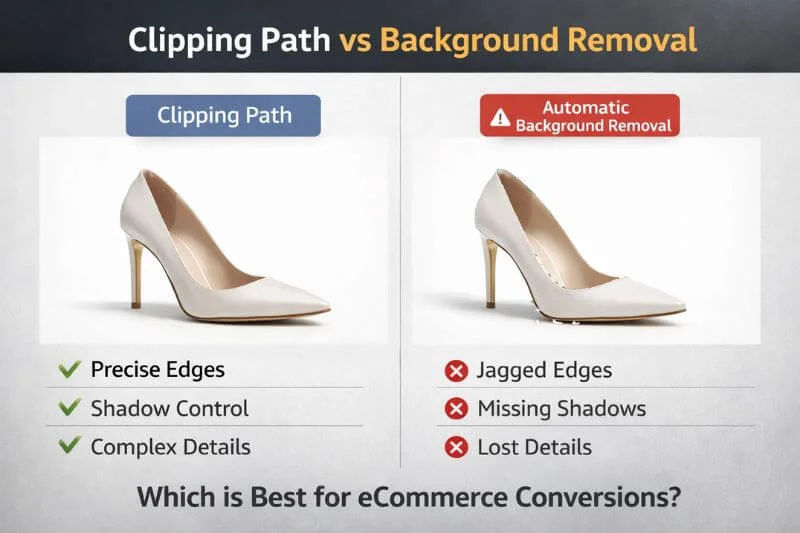 Clipping path vs background removal comparison showing edge accuracy and visual quality