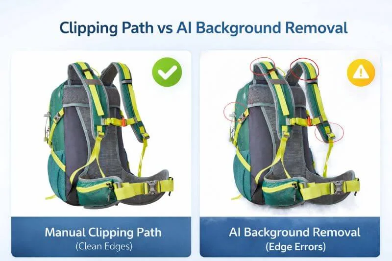 Clipping path vs AI background removal comparison showing clean edges versus edge errors