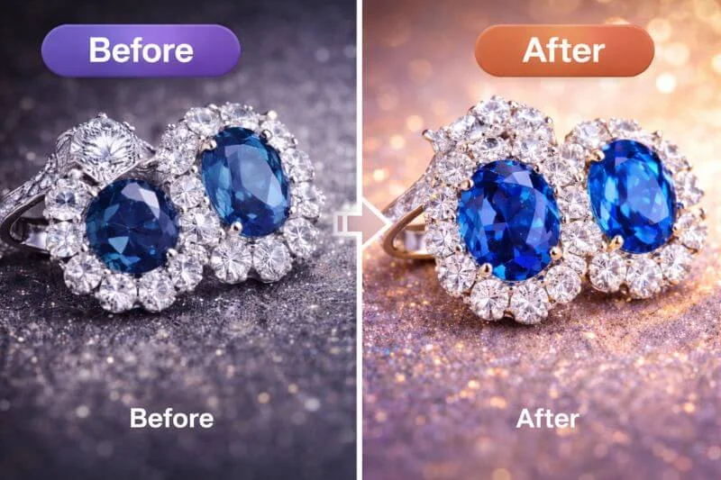 High-end jewelry photo color correction before and after example with enhanced gemstone color