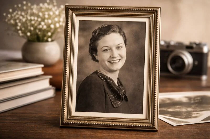 Professionally restored black and white portrait displayed in a decorative frame