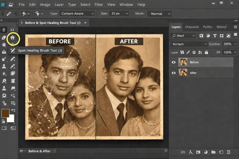Restoring a damaged vintage portrait using the spot healing brush in Photoshop